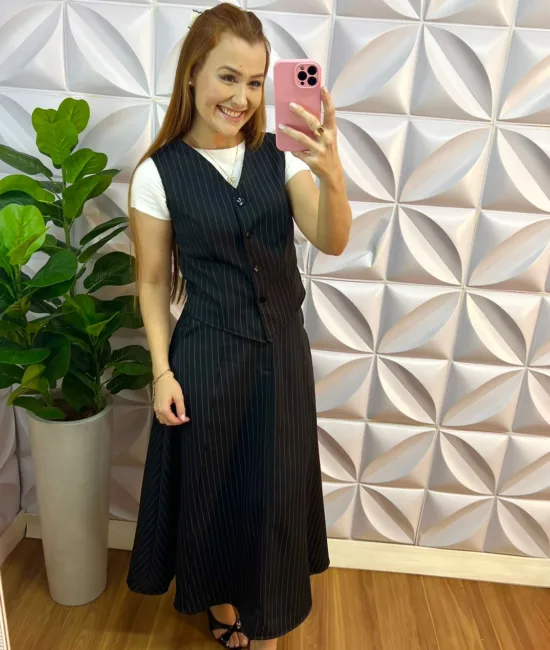 Conjunto Risca De Giz Alfaiataria Com Colete Ana Maria - Preto - Milla Chic