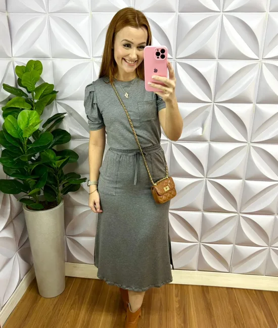 Conjunto Tecido Moletinho Com Bolsos Na Blusa e Saia Mídi Melissa - Cinza - Milla Chic