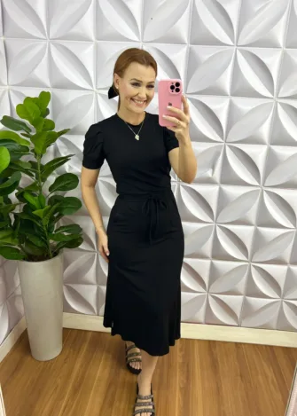 Conjunto Tecido Moletinho Manga Princesa Saia Mídi Melissa - Preto - Milla Chic