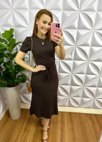 Conjunto Tecido Moletinho Manga Princesa Saia Mídi Melissa - Marrom - Milla Chic