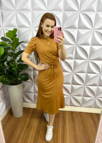 Conjunto Tecido Moletinho Manga Princesa Saia Mídi Melissa - Mostarda - Milla Chic