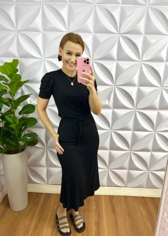 Conjunto Tecido Moletinho Manga Princesa Saia Mídi Melissa - Preto - Milla Chic