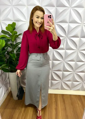 Saia Alfaiataria Sensoriale Cargo Mídi Com Fenda Tália - Cinza - Milla Chic