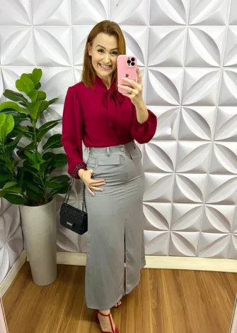 Saia Alfaiataria Sensoriale Cargo Mídi Com Fenda Tália - Cinza - Milla Chic