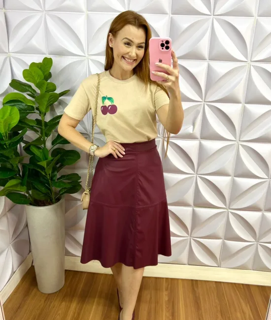 Saia De Couro Com Bolso Lateral Rosália - Cherry - Milla Chic