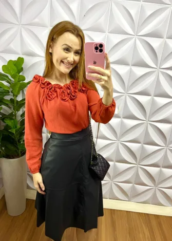 Saia De Couro Com Bolso Lateral Rosália - Preta - Milla Chic