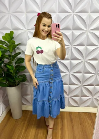 Saia Jeans Midi com Botões Três Marias Valentina - Azul - Milla Chic