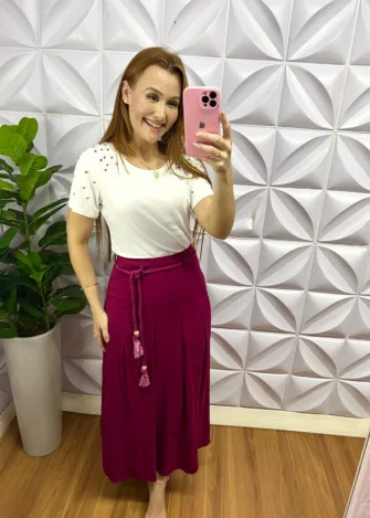 Saia Linho Com Pregas Longuete Com Cinto Corda Francine - Cereja - Milla Chic