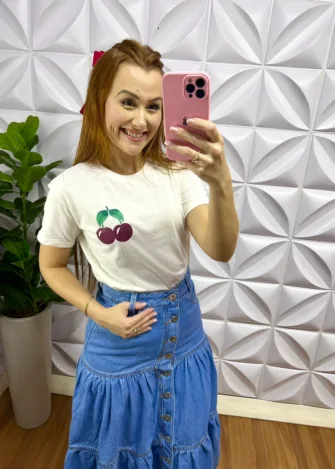 Tshirt com Cereja Silcada Malha de Algodão Maiby - Off - Milla Chic