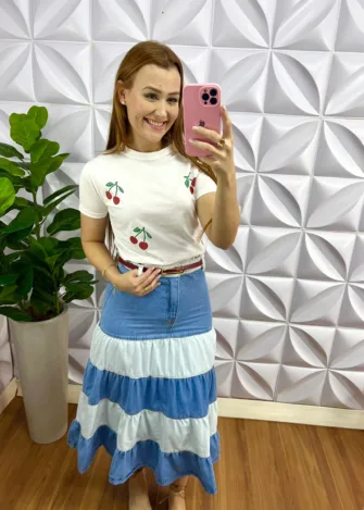 Tshirt Com Silque De Cerejas No Malha de Algodão Ciliegia - Branco - Milla Chic