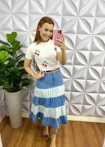 Tshirt Com Silque De Cerejas No Malha de Algodão Ciliegia - Branco - Milla Chic