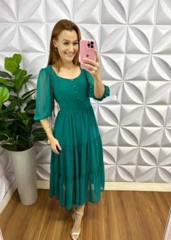 Vestido Chiffon Com Botões Encapados Longuete Jacira - Verde - Milla Chic