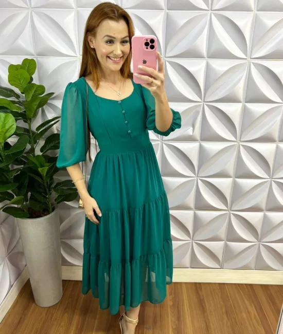 Vestido Chiffon Com Botões Encapados Longuete Jacira - Verde - Milla Chic