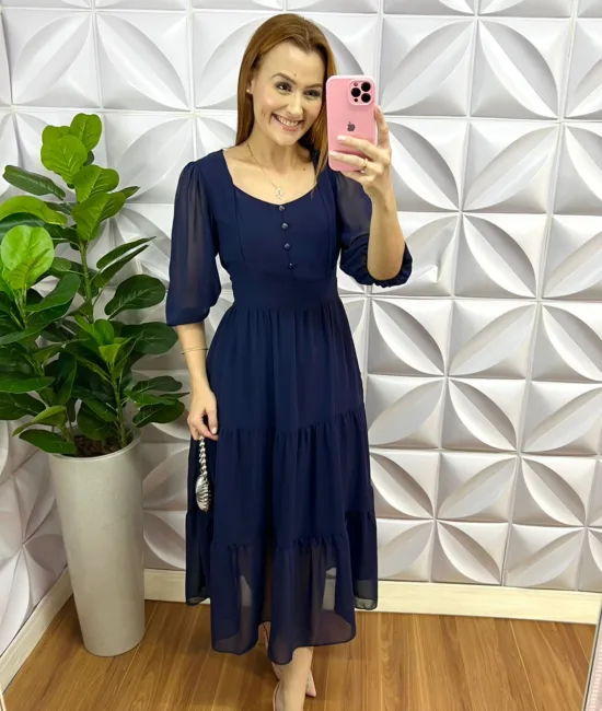 Vestido Chiffon Com Botões Encapados Longuete Jacira - Azul Marinho - Milla Chic