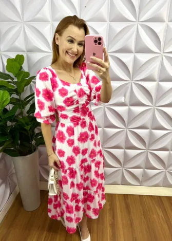 Vestido Crepe De Seda Floral Mídi Estela - Branco E Rosa - Milla Chic