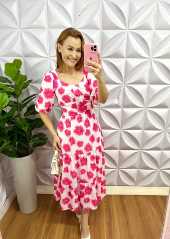 Vestido Crepe De Seda Floral Mídi Estela - Branco E Rosa - Milla Chic