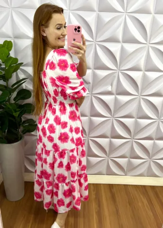 Vestido Crepe De Seda Floral Mídi Estela - Branco E Rosa - Milla Chic