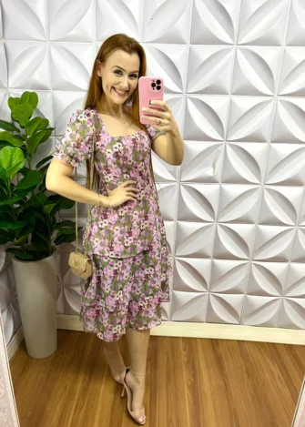 Vestido Chiffon Florido com Babados Camila - Roxo Com Verde - Milla Chic