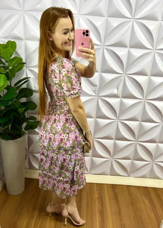 Vestido Chiffon Florido com Babados Camila - Roxo Com Verde - Milla Chic