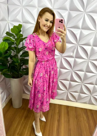 Vestido Chiffon Midi Estampado Manga Princesa Hosana - Rosa - Milla Chic
