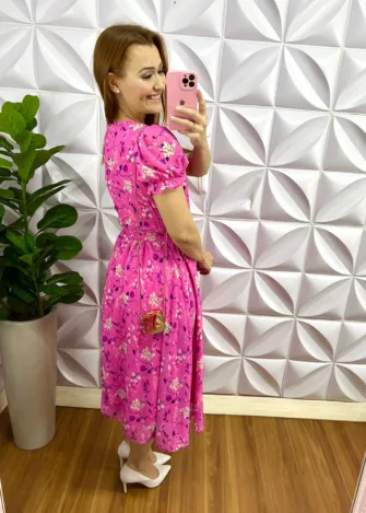 Vestido Chiffon Midi Estampado Manga Princesa Hosana - Rosa - Milla Chic