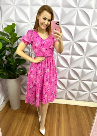 Vestido Chiffon Midi Estampado Manga Princesa Hosana - Rosa - Milla Chic