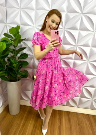 Vestido Chiffon Midi Estampado Manga Princesa Hosana - Rosa - Milla Chic