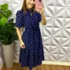 Vestido Crepe Alfaiataria Estampa Coração Midi Cintia - Azul - Milla Chic