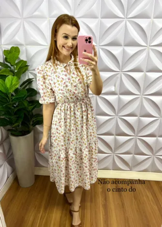 Vestido Crepe Alfaiataria Floral Mídi Cintia - Branco - Milla Chic