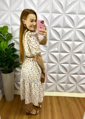 Vestido Crepe Alfaiataria Floral Mídi Cintia - Branco - Milla Chic