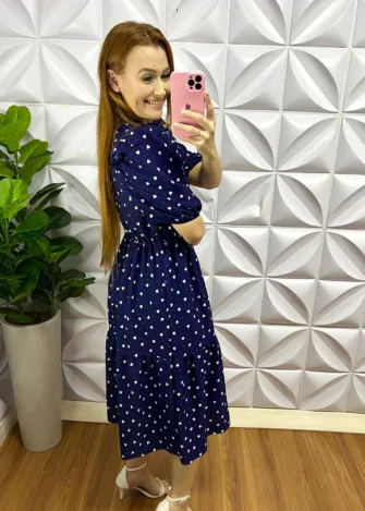 Vestido Crepe Alfaiataria Estampa Coração Midi Cintia - Azul - Milla Chic