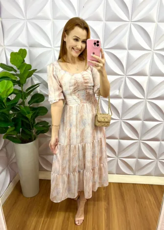 Vestido Crepe De Seda Floral Mídi Estela - Areia - Milla Chic
