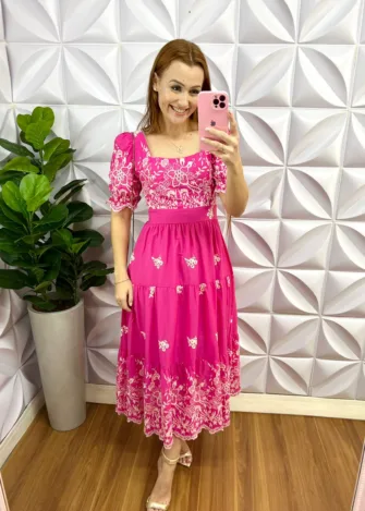 Vestido de Laise de Algodão Bordado Longuete Hevelin - Pink - Milla Chic