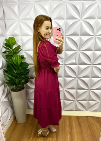 Vestido Dunnas Mídi Com Marias e Botões Madreperola Eliene - Cereja - Milla Chic
