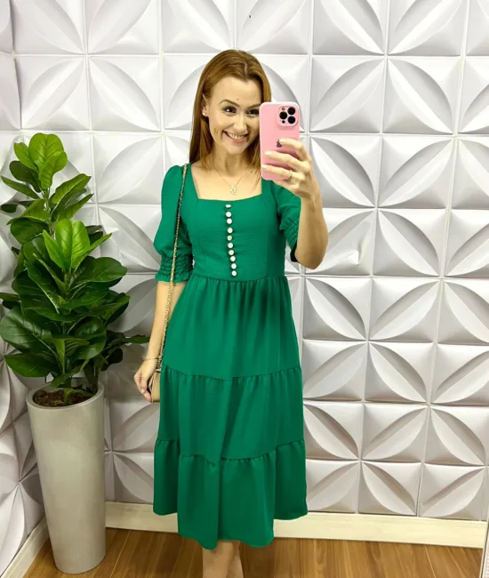 Vestido Dunnas Mídi Com Marias e Botões Madreperola Eliene - Verde - Milla Chic