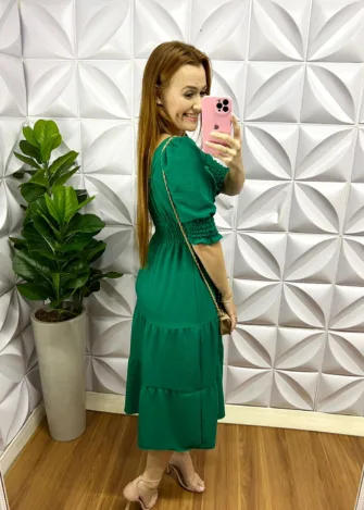 Vestido Dunnas Mídi Com Marias e Botões Madreperola Eliene - Verde - Milla Chic