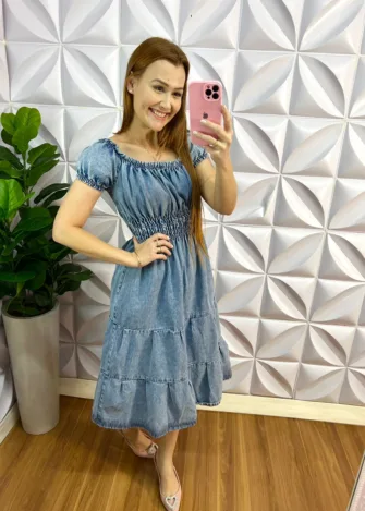 Vestido Jeans Lastex Na Cintura Celeste - Azul - Milla Chic