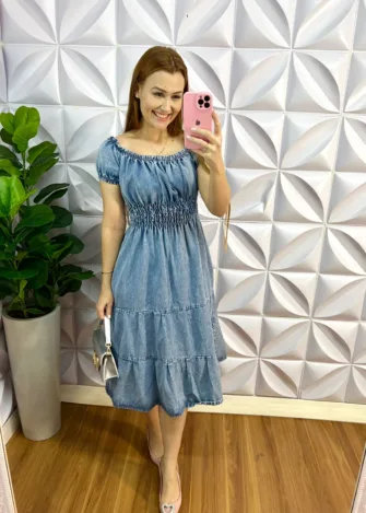 Vestido Jeans Lastex Na Cintura Celeste - Azul - Milla Chic