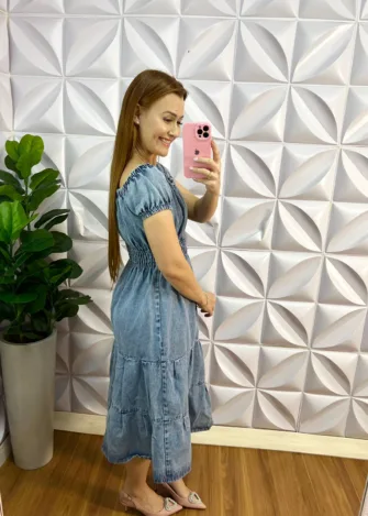 Vestido Jeans Lastex Na Cintura Celeste - Azul - Milla Chic