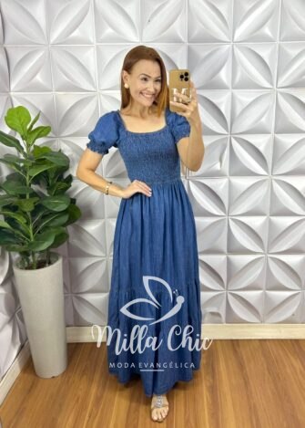 Vestido Jeans Longo Lastex Decote Canoa Ellen - Jeans - Milla Chic