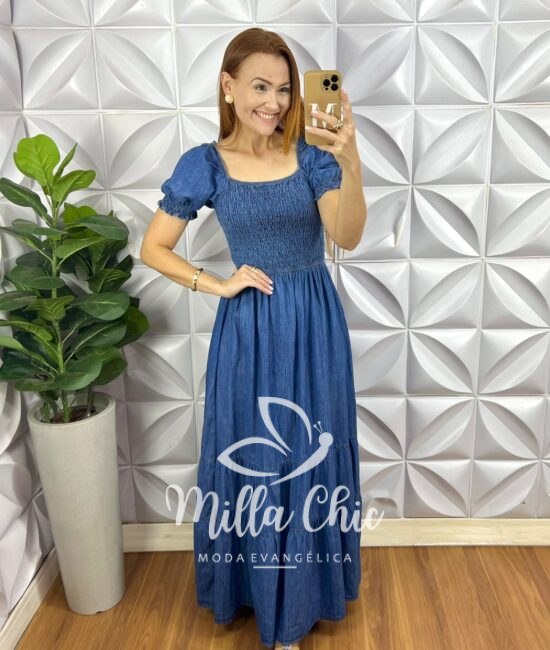 Vestido Jeans Longo Lastex Decote Canoa Ellen - Jeans - Milla Chic