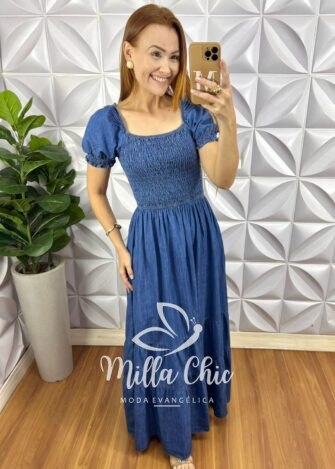Vestido Jeans Longo Lastex Decote Canoa Ellen - Jeans - Milla Chic