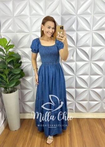 Milla Chic - millachic com br vestido jeans longo lastex decote canoa ellen jeans Vestido Jeans Longo Lastex Decote Canoa Ellen - Jeans - Milla Chic