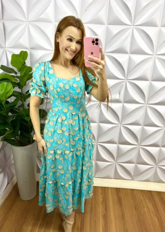 Vestido Laíse 100% Algodão Bordado 3D Mídi Susana - Azul - Milla Chic