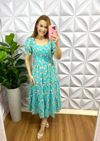 Vestido Laíse 100% Algodão Bordado 3D Mídi Susana - Azul - Milla Chic