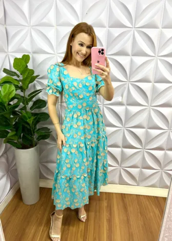 Vestido Laíse 100% Algodão Bordado 3D Mídi Susana - Azul - Milla Chic