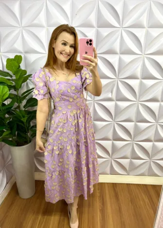 Vestido Laíse 100% Algodão Bordado 3D Mídi Susana - Lavanda - Milla Chic
