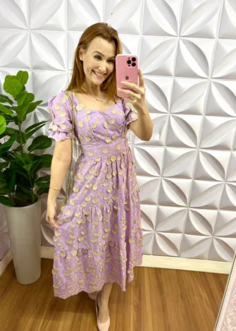 Vestido Laíse 100% Algodão Bordado 3D Mídi Susana - Lavanda - Milla Chic