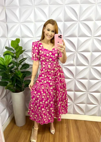 Vestido Laíse 100% Algodão Bordado 3D Mídi Susana - Pink - Milla Chic