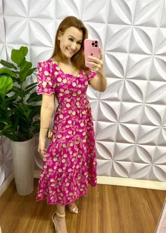 Vestido Laíse 100% Algodão Bordado 3D Mídi Susana - Pink - Milla Chic